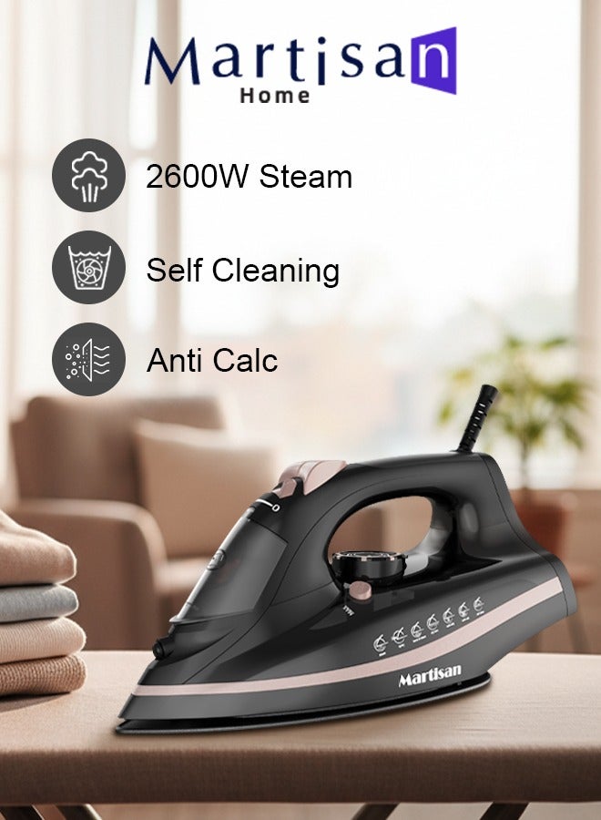 مارتيزان مكواة بخار قوية 2600 واط، قاعدة سيراميك غير لاصقة، مكواة 4 في 1، صندوق مكواة سريع التسخين، كي جاف، بخار رذاذ ومتدفق، درجة حرارة قابلة للتعديل، تنظيف ذاتي، مضاد للتنقيط، مضاد للتكلس، خزان مياه كبير 270 مل، أسود فضي - Image 1